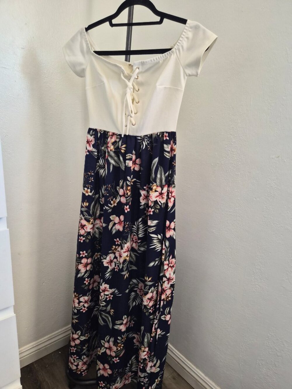 Off-the-Shoulder Floral Lace-Up Maxi Dress